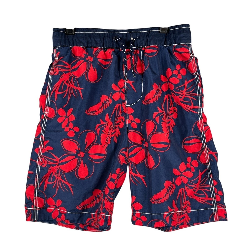 Gap Kids Boys M 8 Swim Trunks Hibiscus Floral Surf Blue Red Beach Lined Hawaiian